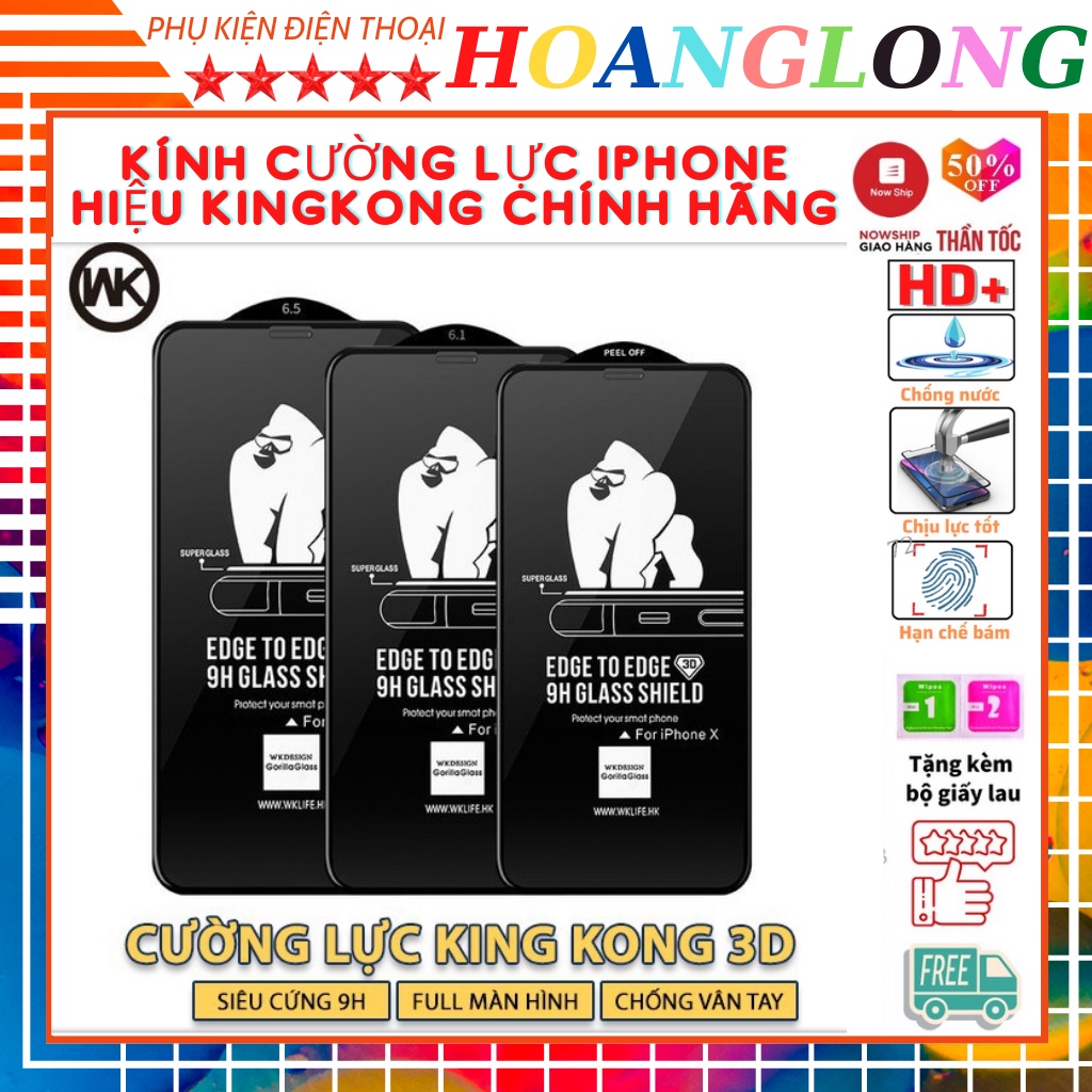 Kính cường lực iPhone hiệu KINGKONG chính hãng Full màn hình 6/6s, 7/8g, 6/7/8plus. x/xs, xr, xsmax. 11, 12, 13 pro max