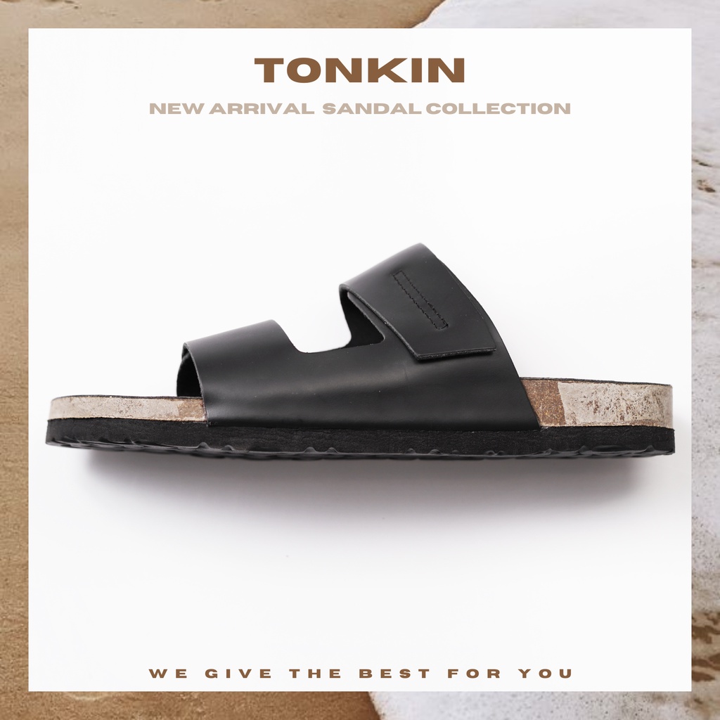 Dép đế trấu nam màu đen da bò thật BIRKEN STOCK quai dán, dép da nam chống thấm mồ hôi chịu nước TONKIN