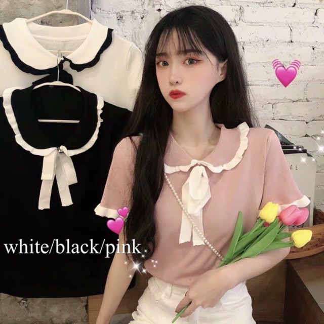 Áo kiểu thun gân cổ viền nơ phối xinh xắn Full màu