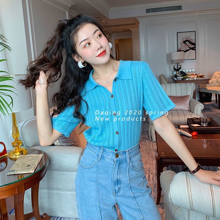 Áo sweater Dệt Kim Mỏng Cổ polo Đục Lỗ Kiểu retro Hàn Quốc Đơn Giản Thời Trang