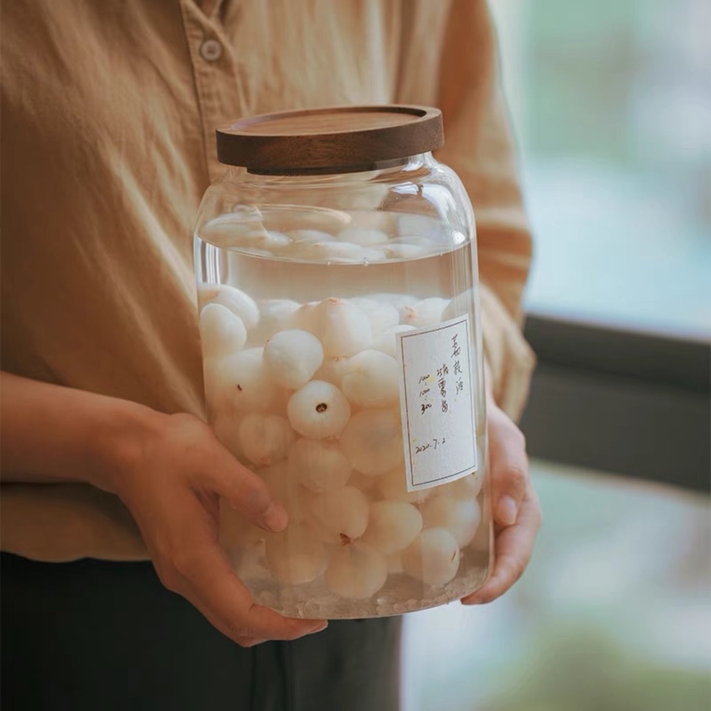 Bình thuỷ tinh brosilicate, bình ngâm nắp gỗ vintage trang trí bếp.