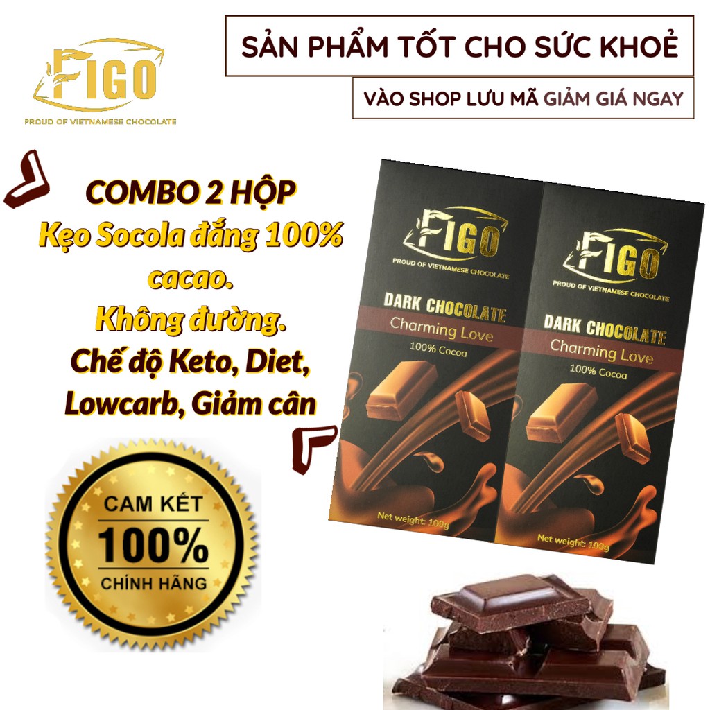 [KETO_DIET-COMBO 2 HỘP] Kẹo Socola đen đắng 100% cacao không đường 100g FIGO