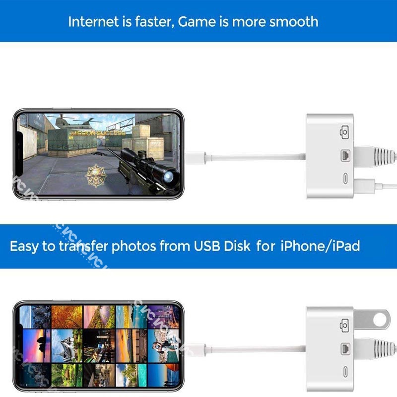Thiết bị chuyển đổi có dây từ lightning sang Ethernet LAN kiêm đầu đọc camera 3 trong 1 USB cáp OTG đồng bộ dữ liệu và sạc nhanh