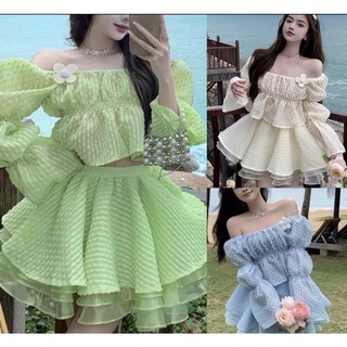 SALE TÉT-Set áo trễ vai mix chân váy voan xoè phong cách retro