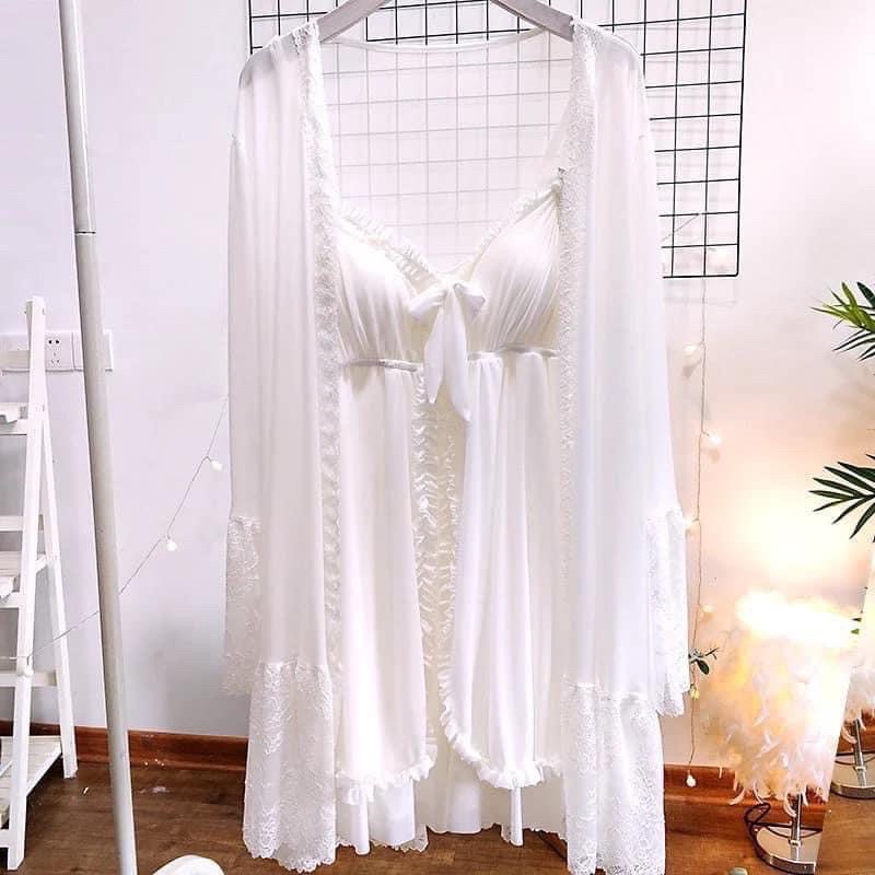Sét Choàng Ngủ Cao Cấp Gồm Váy 3 Lớp Kèm Áo Choàng Ren, Chất Vải Mềm Cao Cấp Cho Nữ từ 40-60kg.