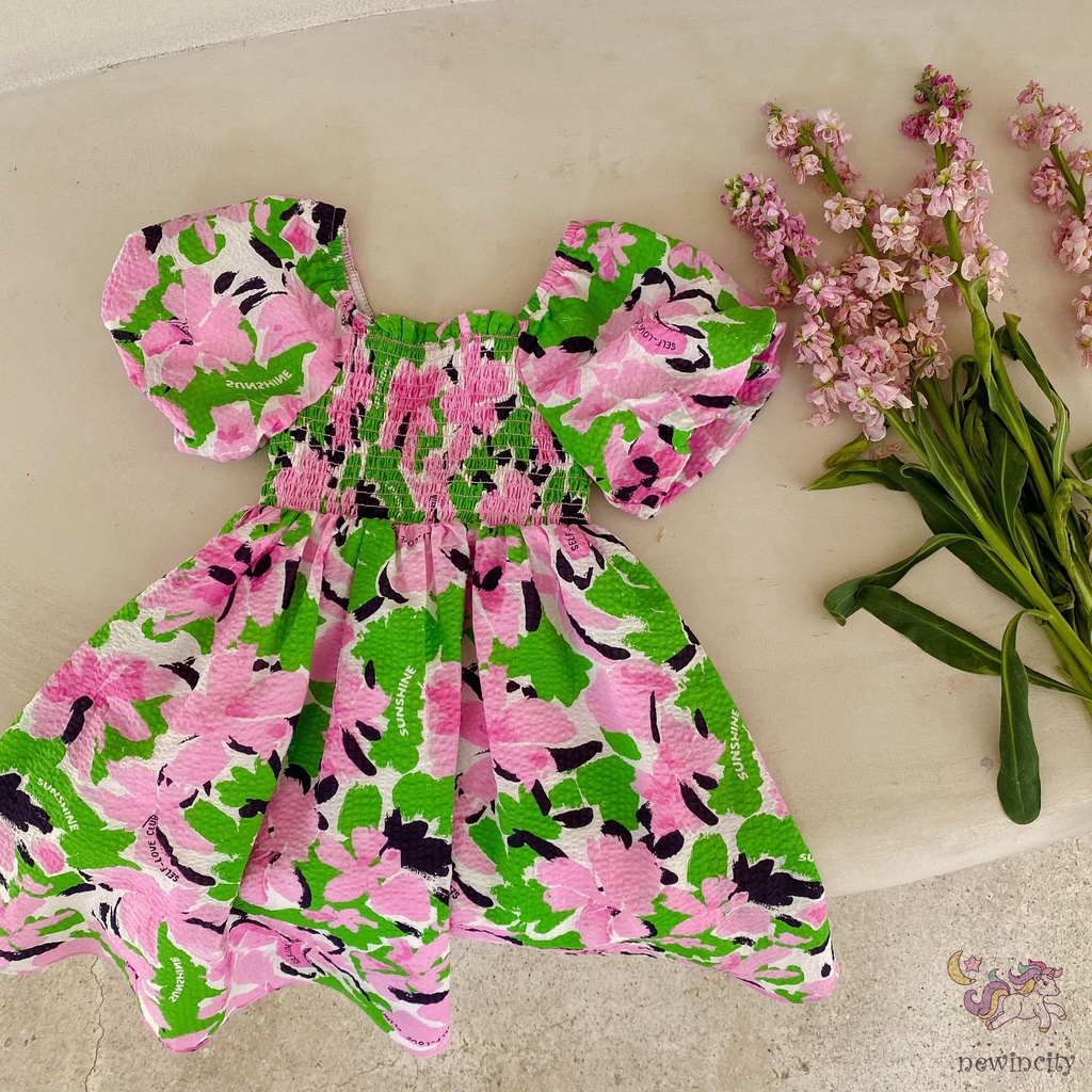 Đầm Công Chúa Tay Phồng Ngắn In Hoa Kiểu Hàn Quốc Thời Trang Mùa Hè Cho Bé Gái