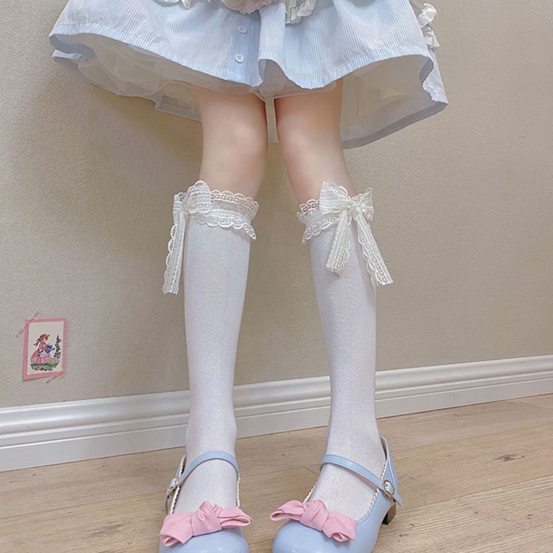 Vớ Cotton Phối Ren Đính Nơ Ruy Băng Phong Cách Lolita Nhật Bản Dễ Thương Cho Nữ