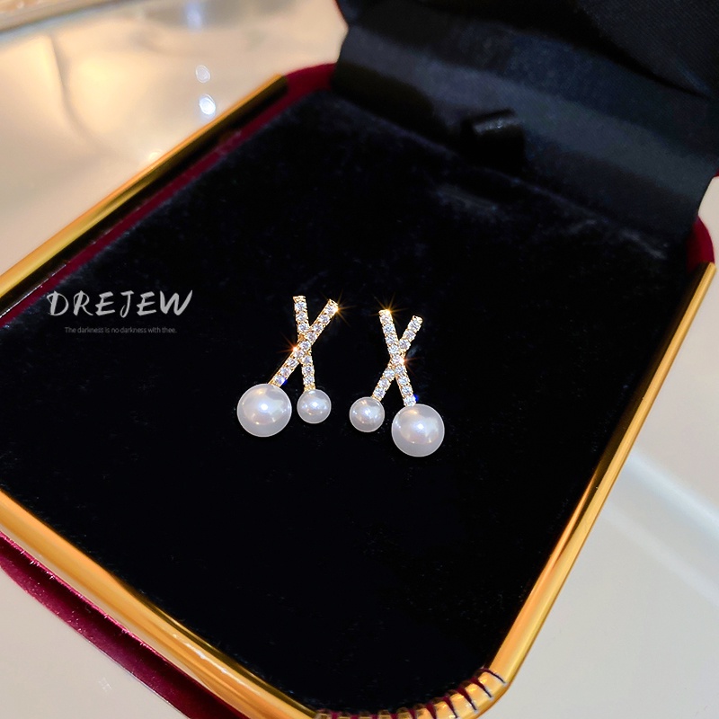 DREJEW Khuyên tai bạc đính đá kim cương và ngọc trai giả phong cách cổ điển dễ phối đồ