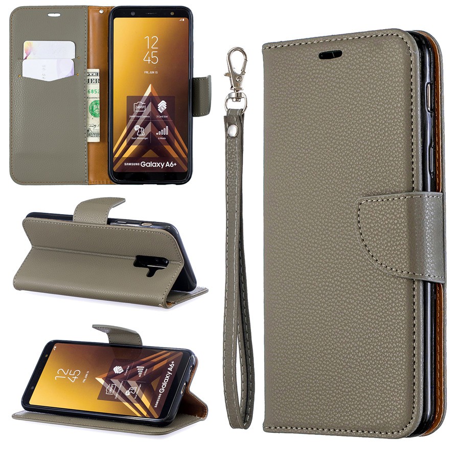 Bao da điện thoại màu trơn thanh lịch có ngăn đựng thẻ + dây đeo cho Samsung Galaxy A6/6+ 2018 | BigBuy360 - bigbuy360.vn