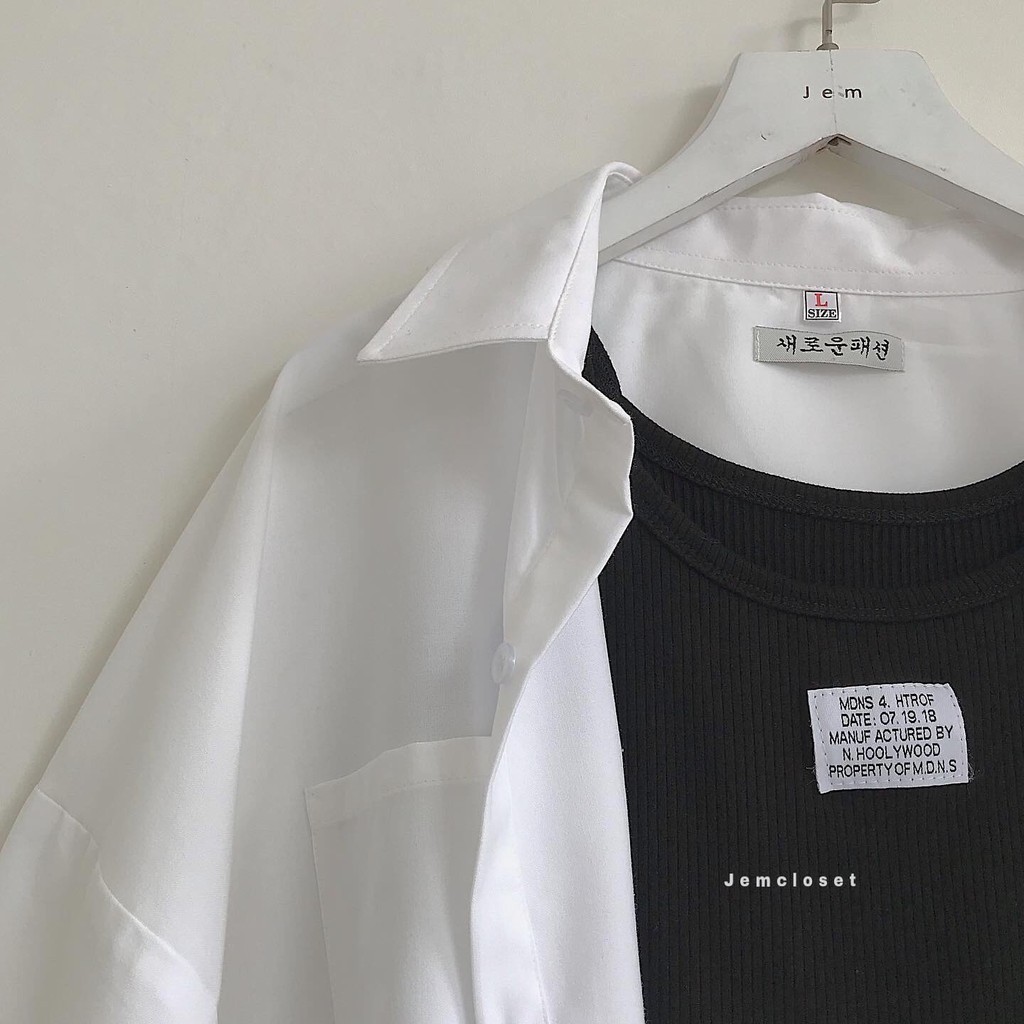 Áo Sơ Mi Nữ Hàn Quốc JEM CLOSET 2 Màu Trắng Xám Áo Sơ Mi Nữ Form Rộng INSURED Chất Vải Kate Siêu Mát Lên Form Xinh 1926