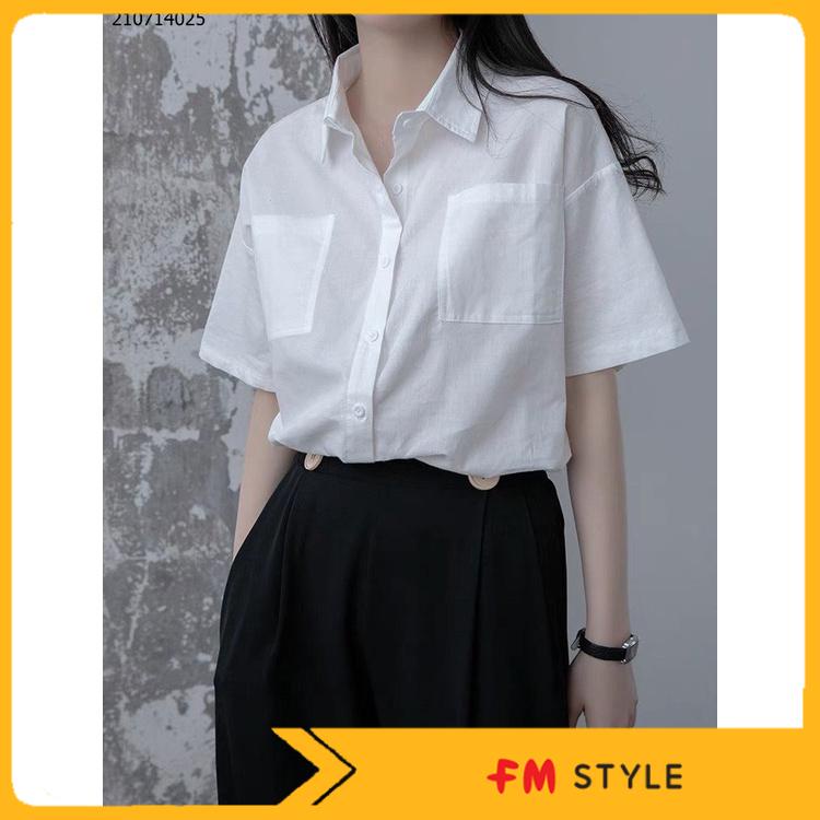 Áo sơ mi nữ đẹp, sơ mi công sở form rộng oversize tay ngắn chất vải Cotton thiết kế 2 túi cá tính Fmstyle