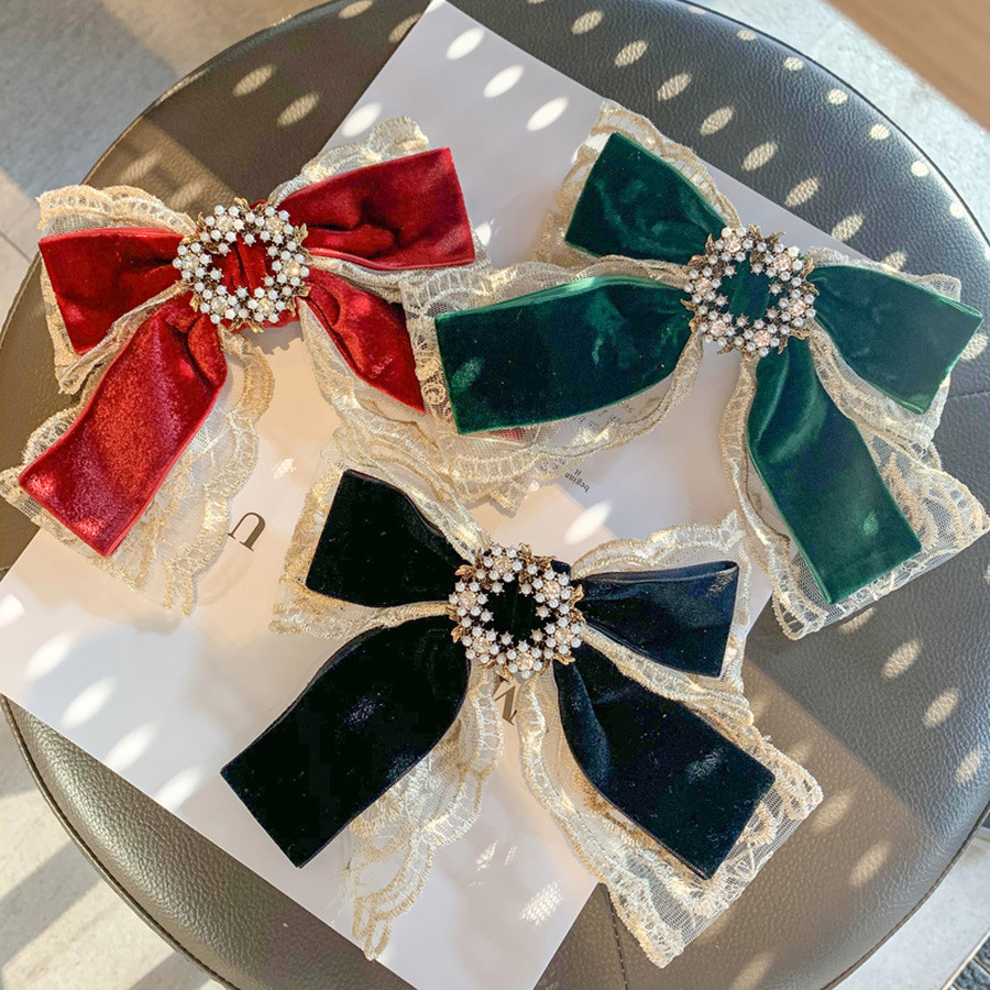 Kẹp nơ vải nhung phối ren đính ngọc trai phong cách thanh lịch thời trang Hàn Quốc