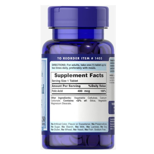 Viên uống ngăn ngừa thiếu máu Puritan's Pride Folic Acid 400mcg 250 viên