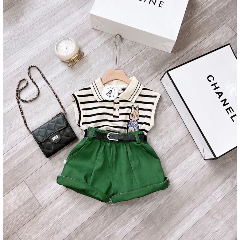 Set bộ bé gái, set áo len thỏ quần kaki kèm đai , sét áo kẻ cotton quần kaki kèm đai cho bé 8-28kg