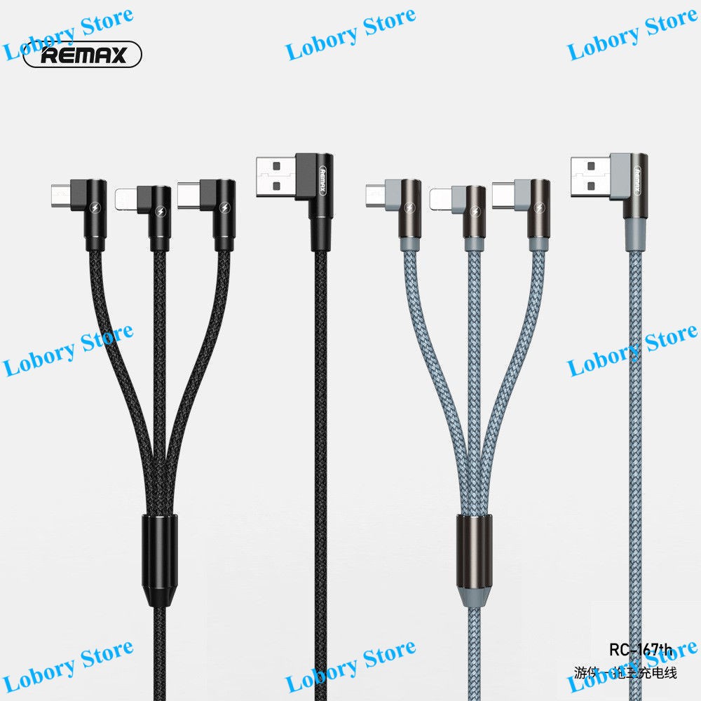 Cáp sạc 3in1 Remax RC-167th đầu chữ L dây vải dù 1 mét