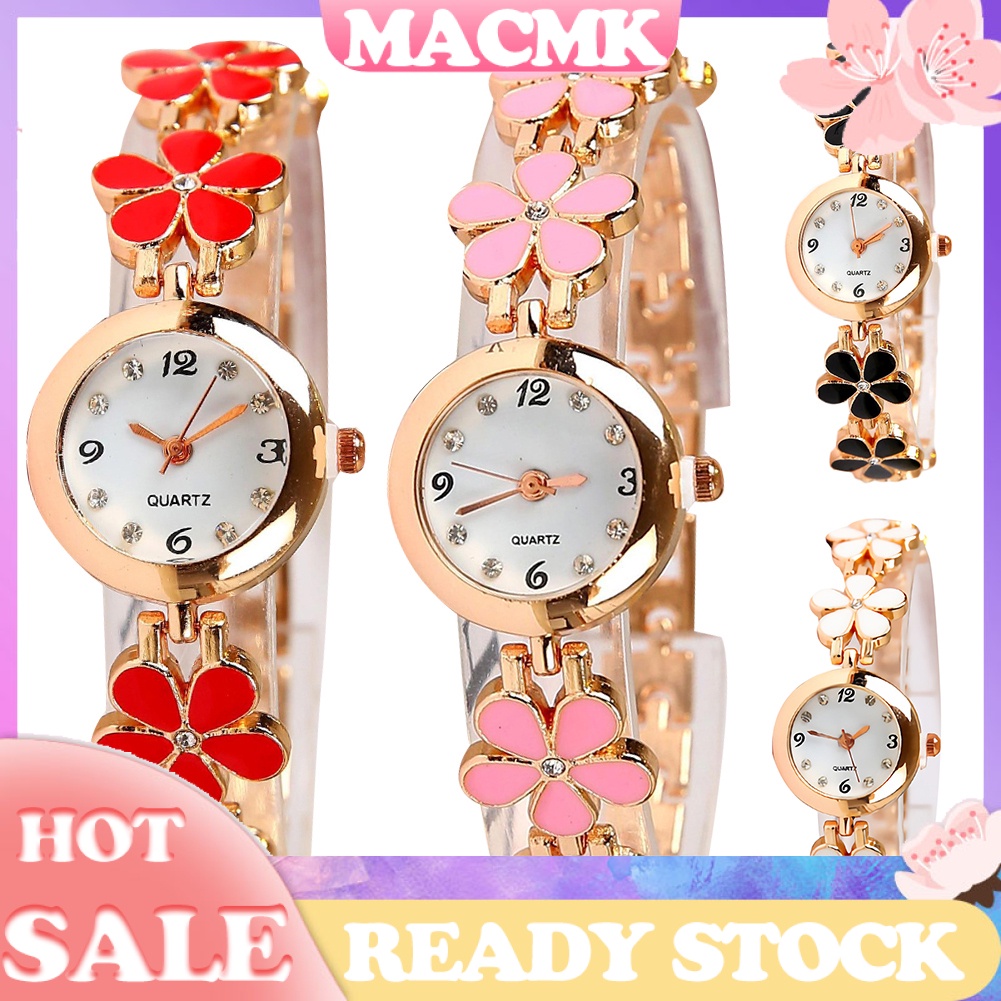 MACmk Fashion Women Rhinestone Flower Round Dial Analog Quartz Bracelet Watch Gift