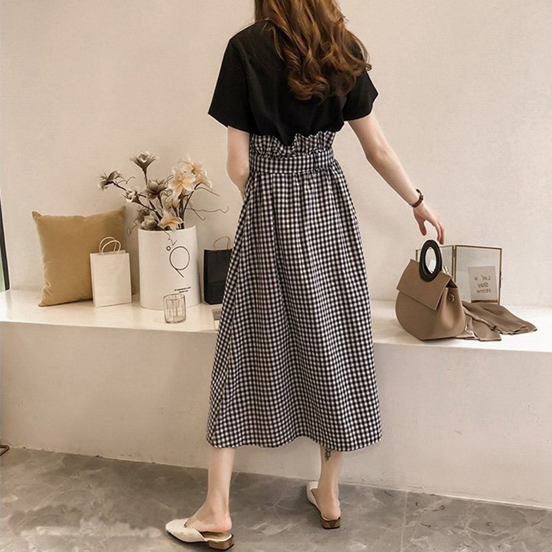 Bộ Trang Phục 2 Mảnh Gồm Áo Thun Tay Ngắn + Chân Váy Lưng Cao Kẻ Sọc Ca Rô Plus Size C1396