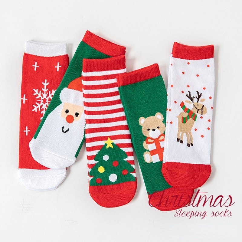 Set 5 Đôi Tất 100% Cotton Giữ Ấm Chống Trượt Thoáng Khí Cho Bé