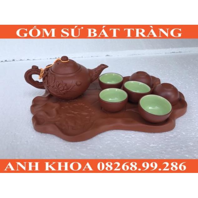 Ấm trà tử sa Bát Tràng đắp nổi hoa sen kèm khay - Gốm sứ Bát Tràng Anh Khoa