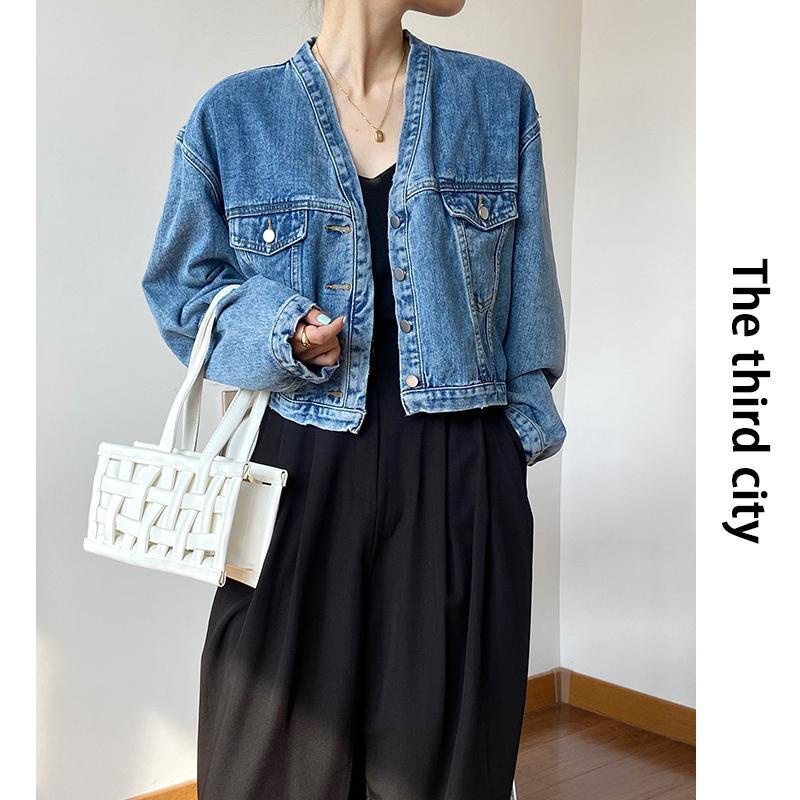 Áo khoác Denim cổ chữ V lưng cao phong cách retro Hong Kong | BigBuy360 - bigbuy360.vn