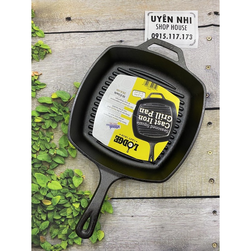 Lodge chảo gang vuông thô có rãnh size 26cm