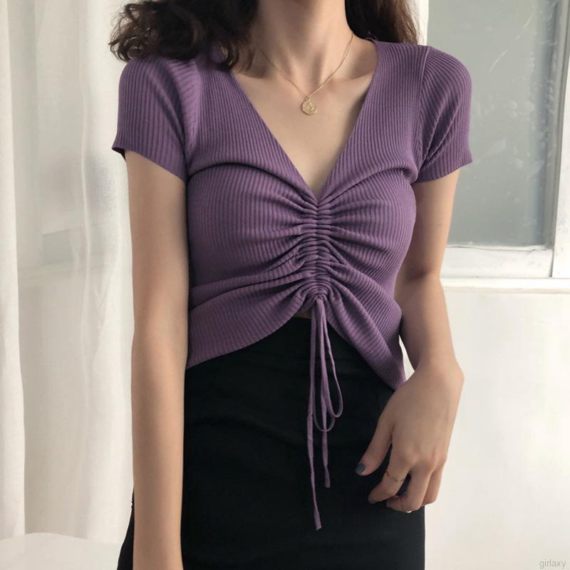 Áo Thun Ngắn Tay Cổ Chữ V Phối Dây Rút Phong Cách Hàn Quốc Thời Trang