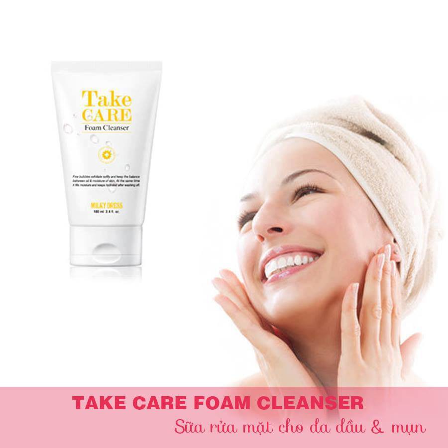 Sữa rửa mặt cho da mụn, mụn viêm, sưng tấy, giúp kiềm dầu, giảm mụn Milky Dress Take Care Foam Cleanser LOVESKINCARE VN