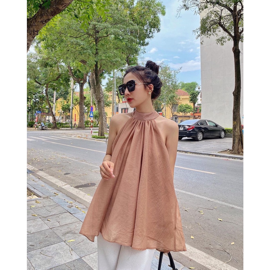 Áo kiểu nữ cổ yếm chất tơ [2 lớp] Áo hở vai phối dây bản to A-YS