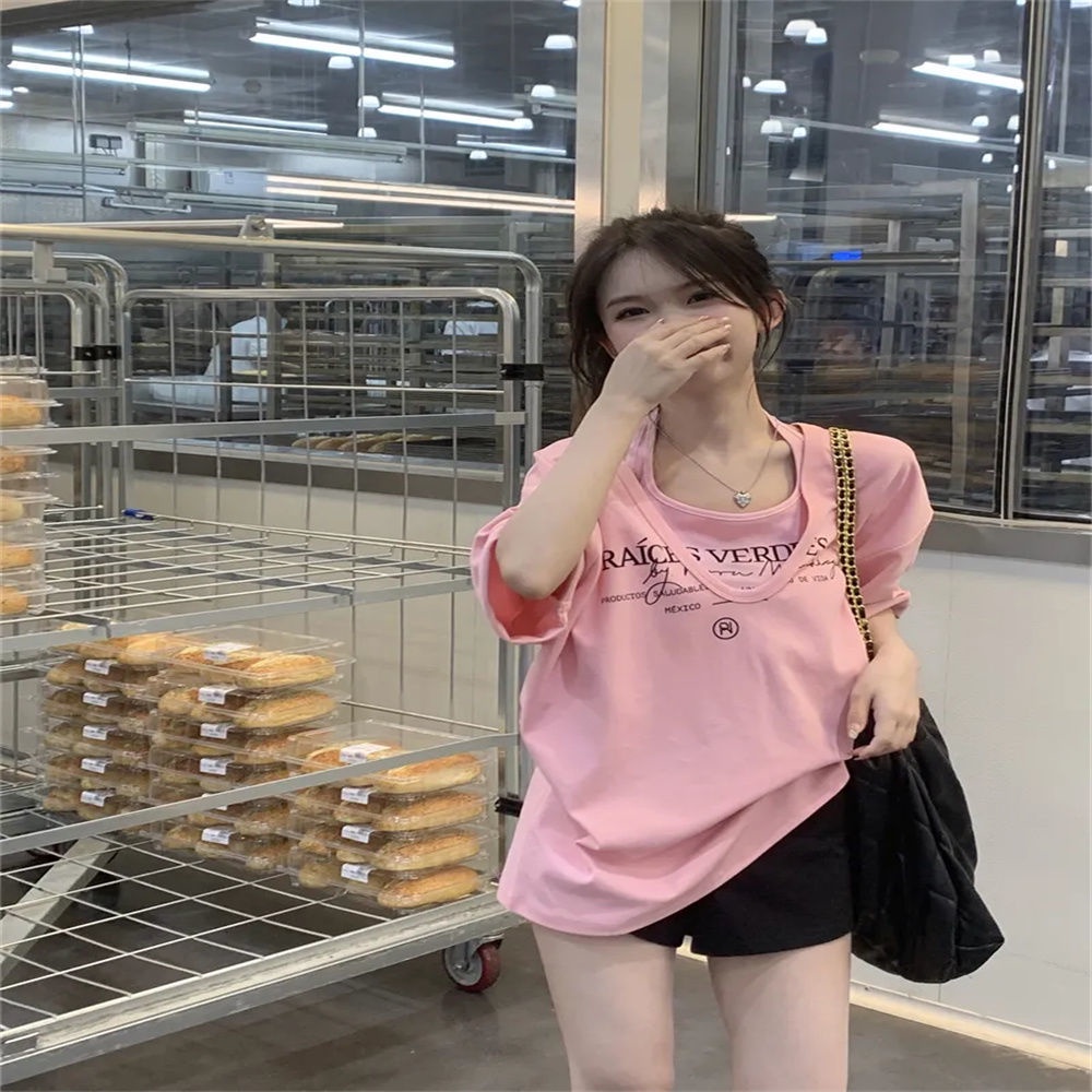 Jiashucheng Set Áo Thun Ngắn Tay Form Rộng Và Áo Dây Thời Trang Mùa Hè Dành Cho Nữ