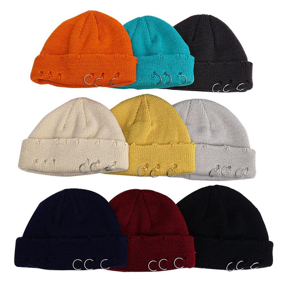 YOLA Yola Mũ Beanie Phối Vòng Kim Loại Hình Đầu Lâu Phong Cách Harajuku Phổ Biến Ấm Áp
