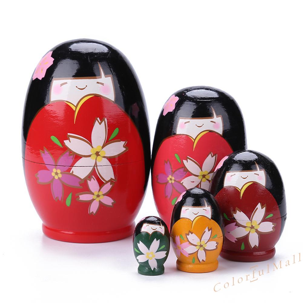 （ColorfulMall）   5pcs Lovely Wooden Russian Dolls Red Dress Girl Toys for Home Decoration