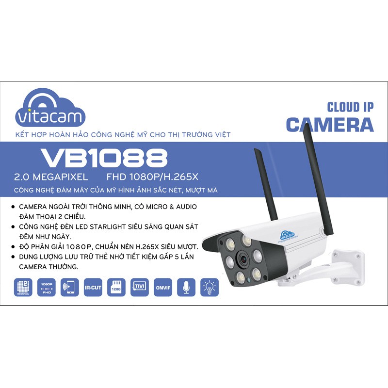 Camera IP Wifi VITACAM VB1088 2.0MP (Camera ngoài trời siêu nét) (FHD 1080p, hồng ngoại 30m, Thẻ nhớ max 128GB)