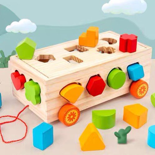 Đồ chơi xe gỗ thông minh cho bé, xe kéo thả số và hình khối cao cấp an toàn dành cho bé Mimi Kids