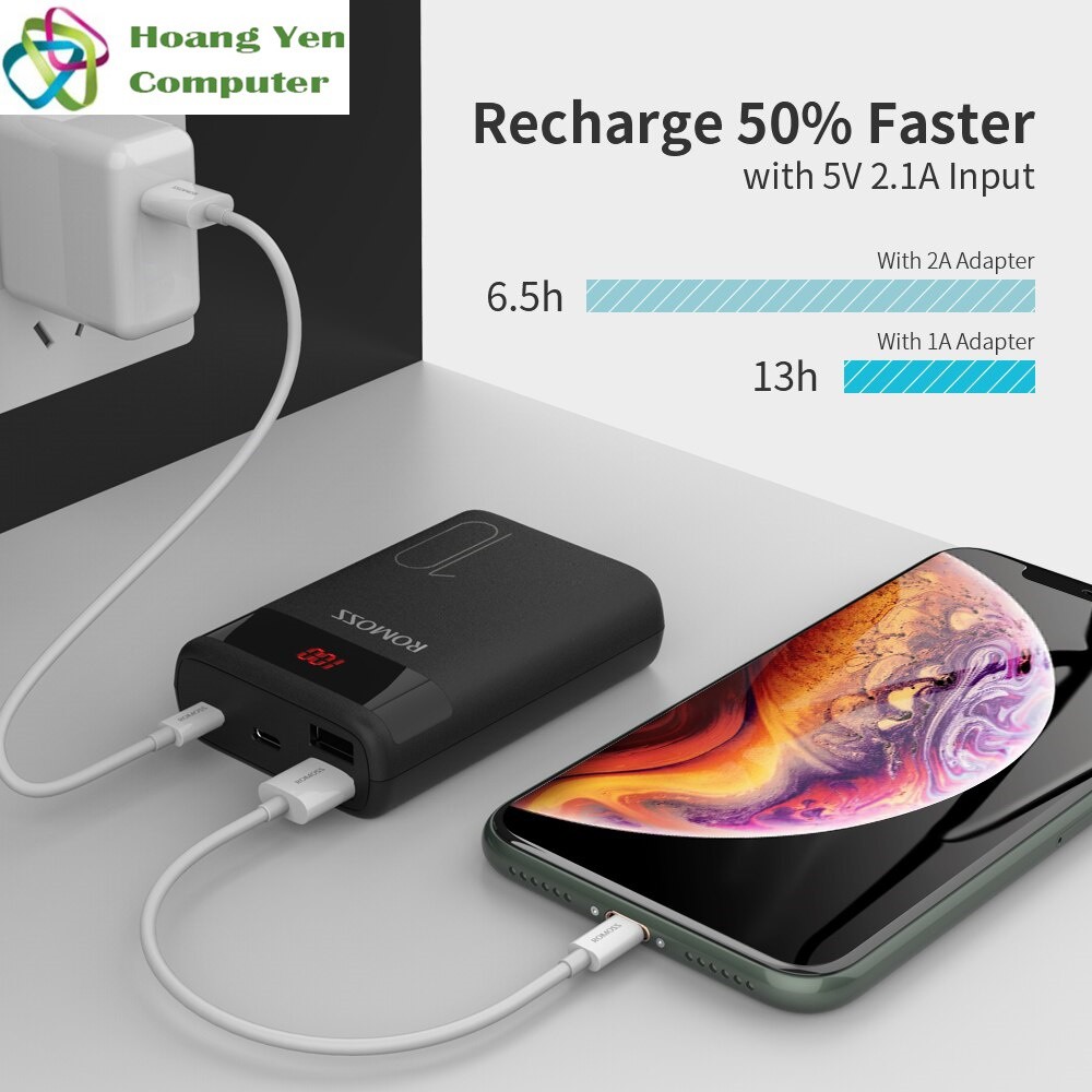 Sạc Dự Phòng Mini Romoss Ares 10 10000Mah 2 Cổng Sạc Vào, 2 Cổng Sạc Ra, Màn Hình Led - Hoàng Yến Computer