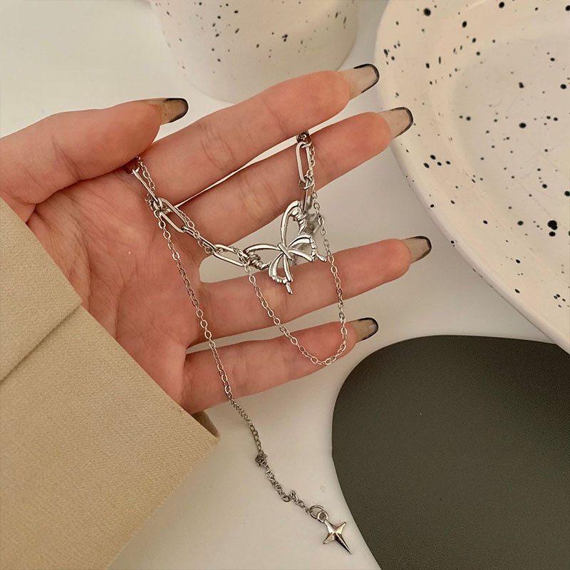 Vòng cổ Tua Rua Mạ Bạc Y2K Mặt Hình Bướm/Chữ Thập Cho Nữ