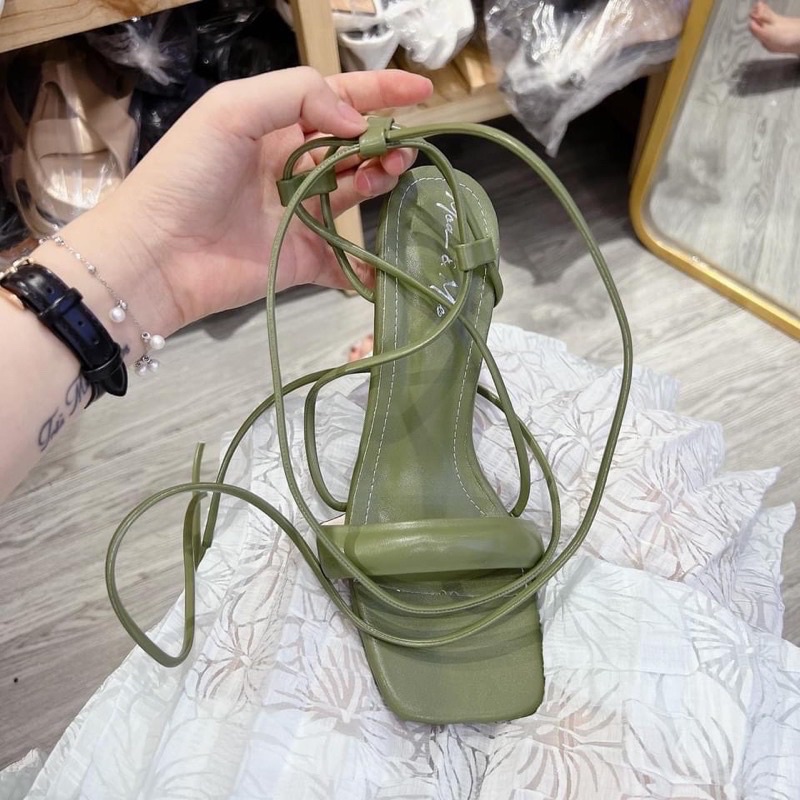 Giày Sandal Buộc Dây Guốc Nhọn Đan Mảnh Cột Cao Gót 5cm