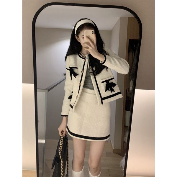 set áo váy tweed áo khoác blazer croptop kèm nơ , chân váy tweed ngắn chữ A cạp cao kiểu dáng hàn quốc