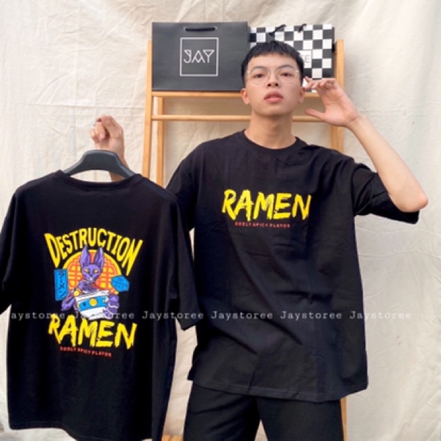 Áo Thun Unisex ❤️FREESHIP❤️ Áo Thun Tay Lỡ RAMEN màu ĐEN ☂️ Nam nữ unisex