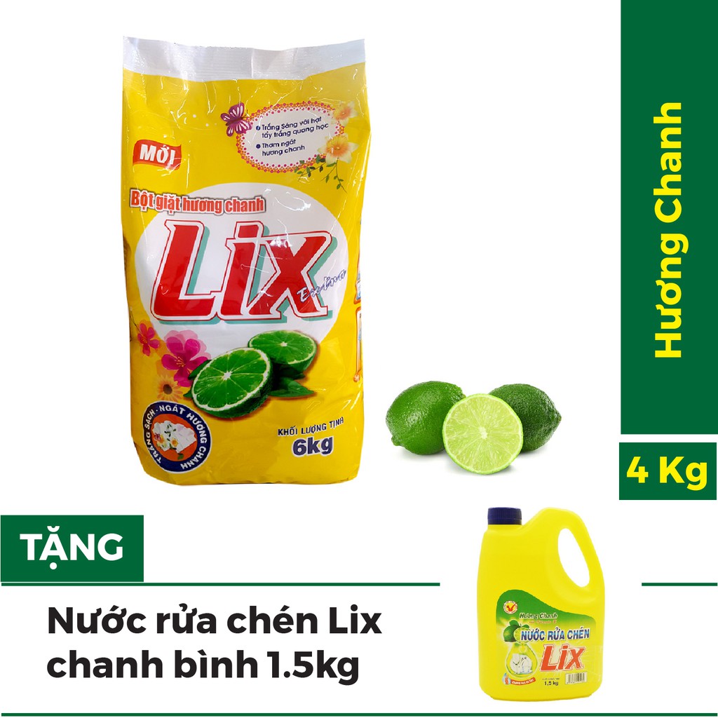 Bột Giặt Lix Extra Hương Chanh Túi 6kg tặng nước rửa chén bình 1.5kg