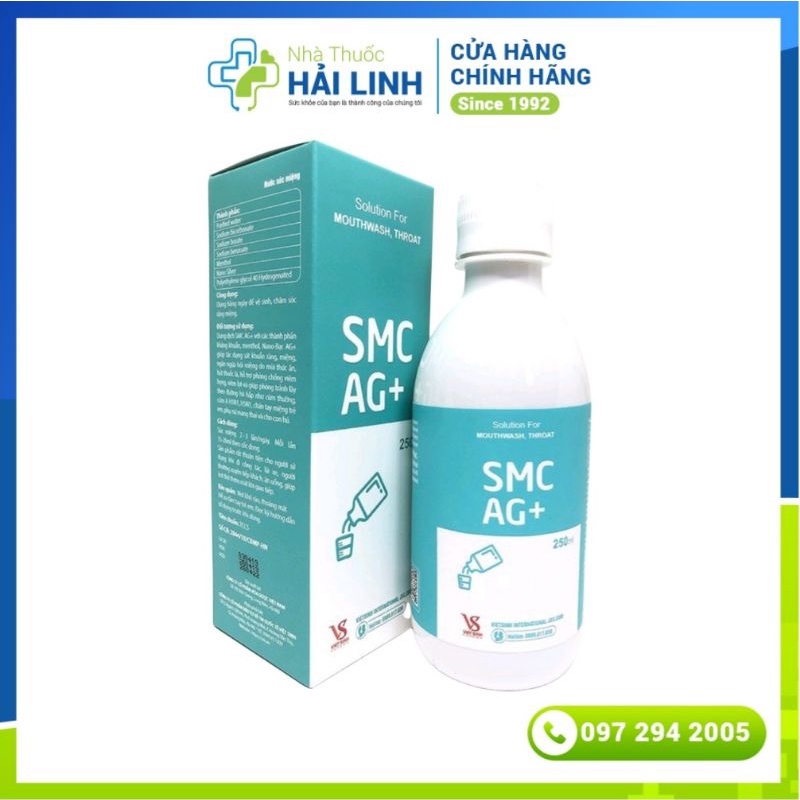 Nước súc miệng Nano bạc SMC Ag + ⚡ Tặng quà ⚡ Chai 250ml Phòng viêm họng, lợi, hôi miệng