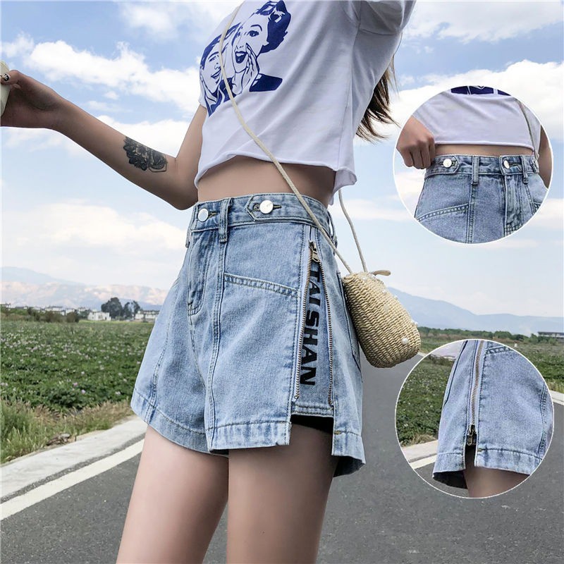 Quần Short jeans Lưng Cao Ống Rộng Phối Rách Cá Tính Cho Nữ