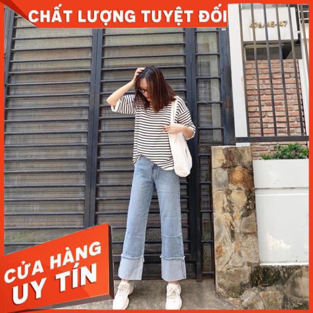 Quần jeans ống rộng gấp lai 2 màu đậm- nhạt