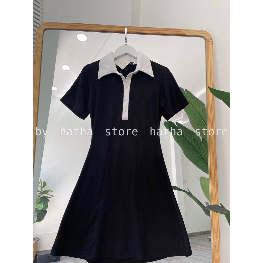 Đầm xoè dáng chữ A cổ polo viền chất thun cotton kèm ảnh thật 4569