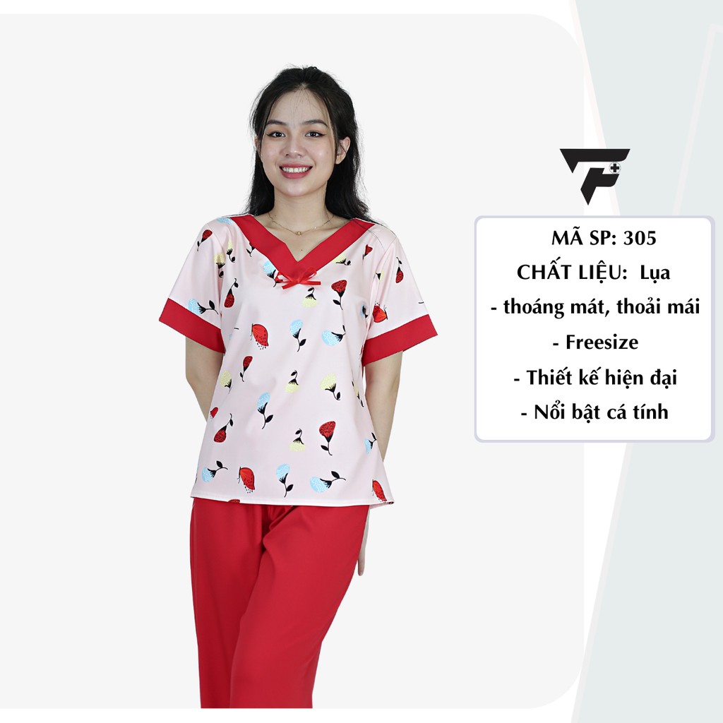 Bộ pijama đồ ngủ lụa tiểu thư quần dài tay ngắn họa tiết nơ dễ thương FPLUS 305