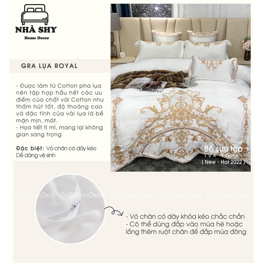 Trọn Bộ Set Ga Cotton Lụa Cao Cấp - Họa Tiết Thêu Phong Cách Hoàng Gia Quý Tộc