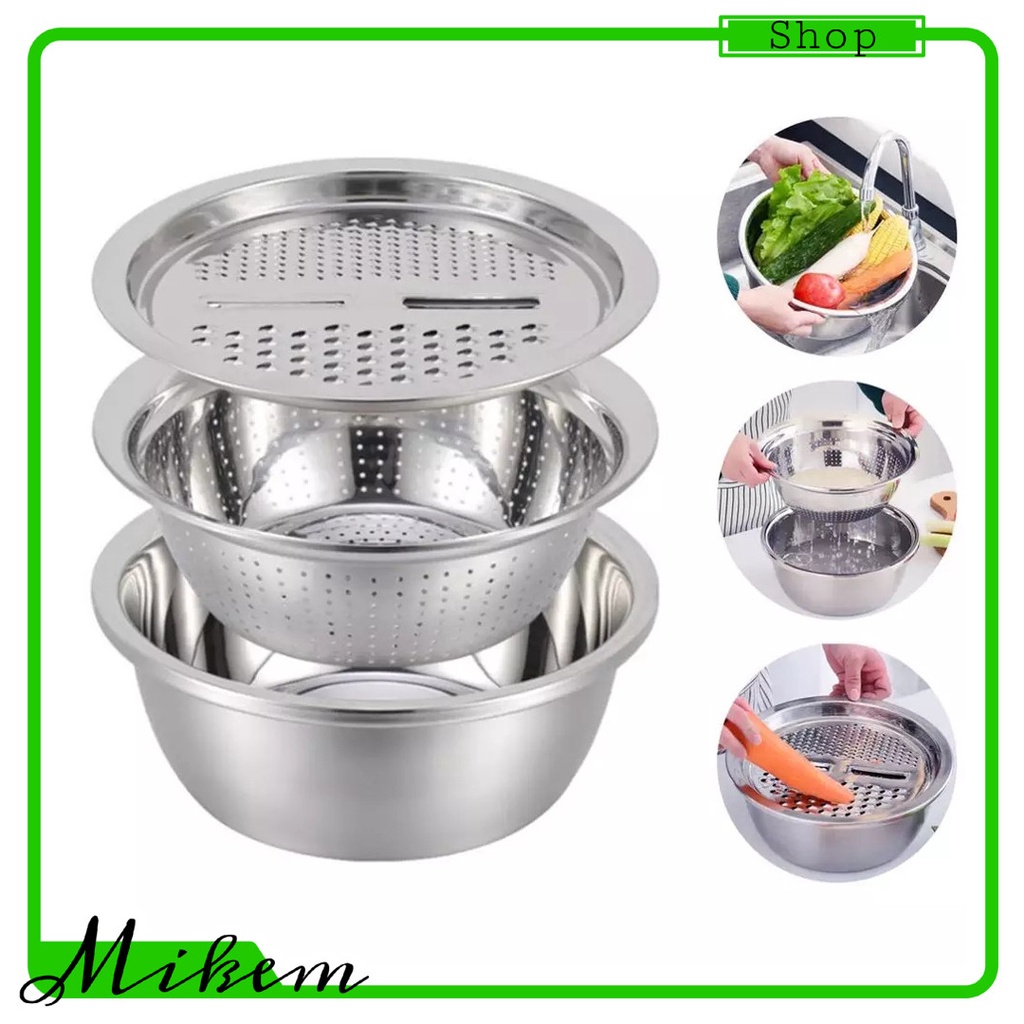 Bộ Thau Rổ bào inox tiện lợi 26 cm, Mâm nạo củ quả tiện lợi 3 trong 1/RỔ BÀO RAU CỦ INOX - BỘ THAU RỔ BÀO RAU CỦ INOX