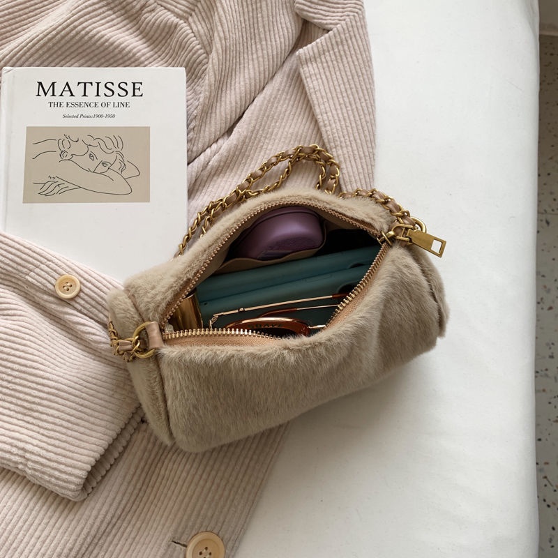 Túi đeo vai cỡ nhỏ IELGY vải lông phối dây xích thời trang cho nữ