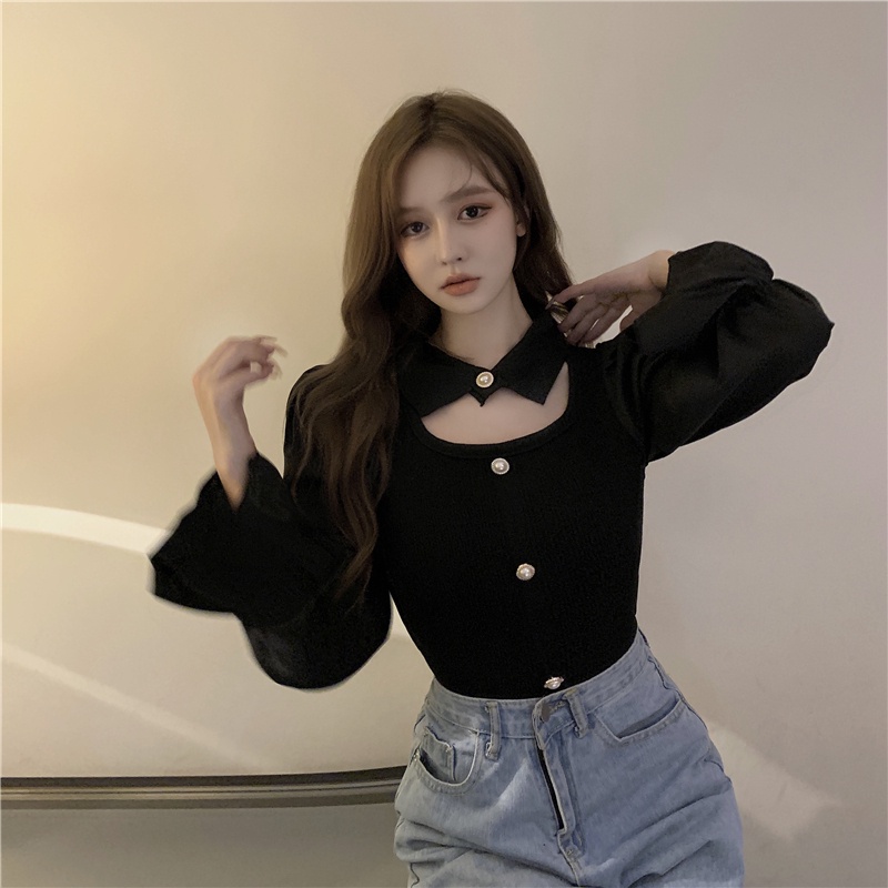 Áo ZHELIHANGFEI dệt kim tay dài phồng cổ polo khoét rỗng phong cách sang trọng hợp thời trang