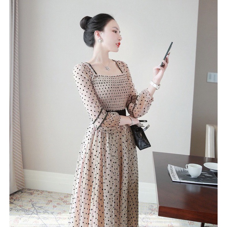 [sale 50% free ship] Đầm midi dáng dài đi dự tiệc cưới siêu xinh với chất lưới bi chủ đạo độc đáo có ép nhung