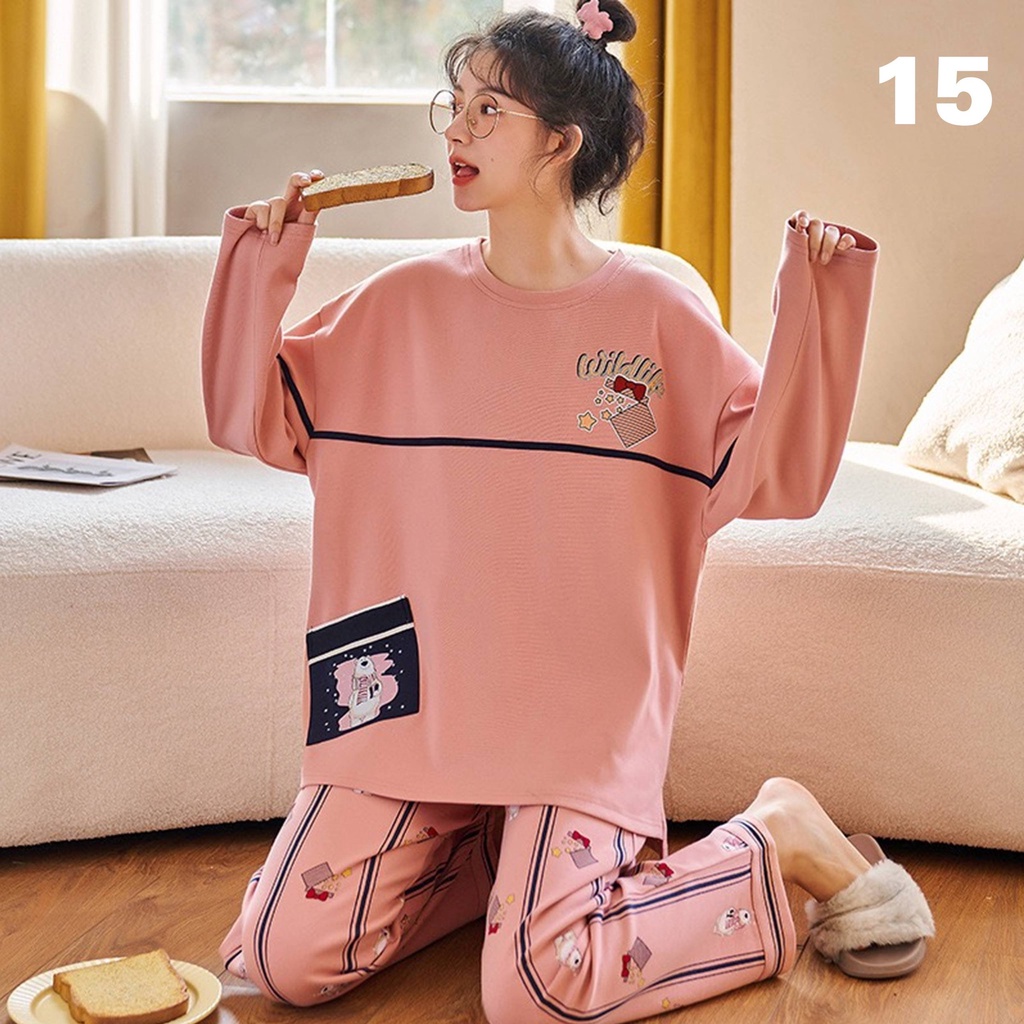 Bộ Mặc Nhà Pyjama Tea Store Cotton Dài Tay QC Họa Tiết Gấu Áo Trắng Quần Xanh 6